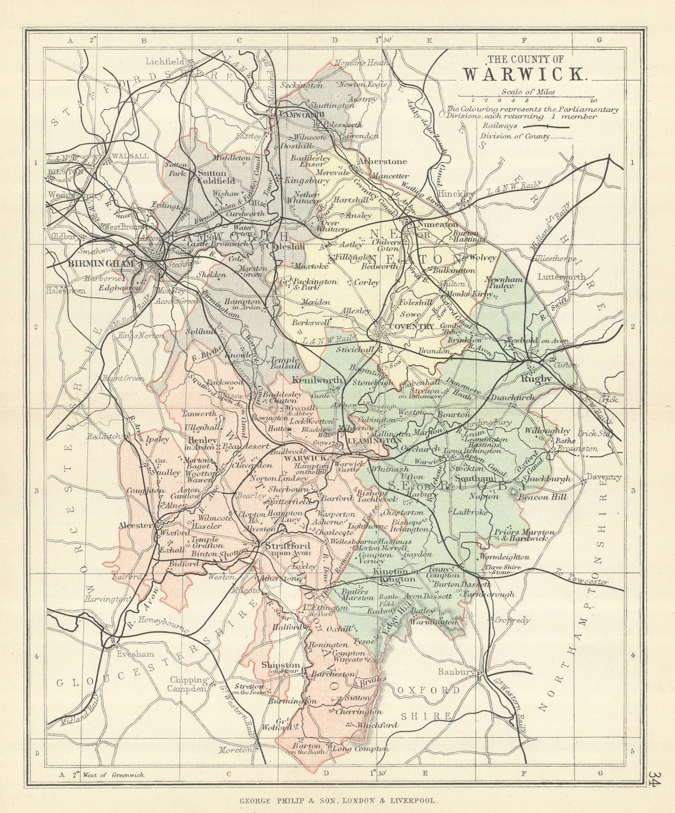 WARWICKSHIRE. Antique county map. Railways. Constituencies. PHILIP 1889